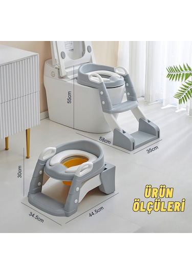Çocuk Tuvalet Eğitimi Katlanır Klozet Adaptörü ve Lazımlık Gri