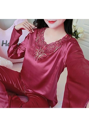 Kırmızı 2 Adet/takım Rahat Bahar Gecelik Seti V Yaka Uyku Dantel Artı Boyutu Kadın Gecelik Yatak Odası İçin Set Kırmızı