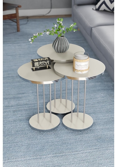 Orta Sehpa Ve Zigon Sehpa Terra Set Gümüş Krem