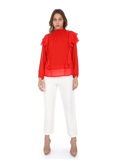 Omuz Fırfırlı Yaka Gipeli Şifon Bluz 6001-kırmızı