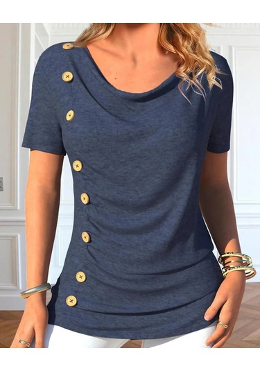 Kadın Degaje Yaka Düğme Detaylı Kısa Kollu Viskon Bluz