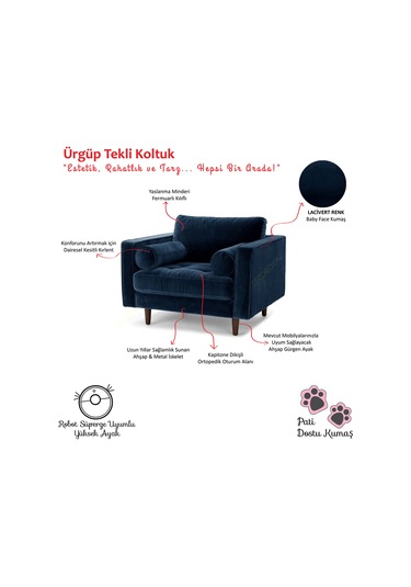 Ürgüp Tekli Koltuk Berjer 90 Cm Genişlik 90 Cm Derinlik Lacivert