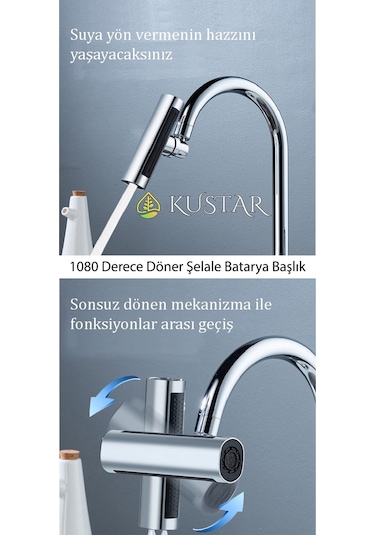 Kustar Krom Tasarruflu 4 Modlu Şelale Ayarlanabilir Musluk Başlığı Mutfak Eviye Bataryası Lavabo Bataryası