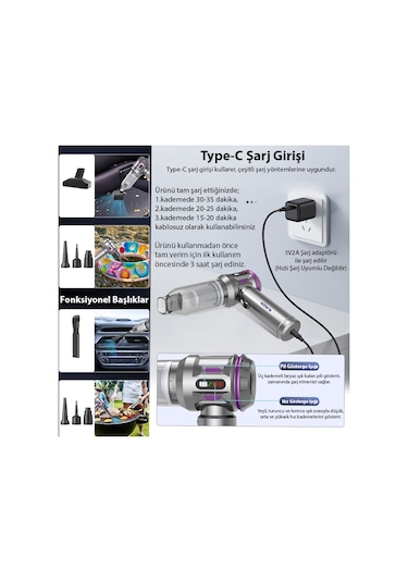 Ezere 16000pa Güçlü Dijital Göstergeli Vakumlu Kablosuz Üflemeli Mini Araç Süpürgesi Gümüş