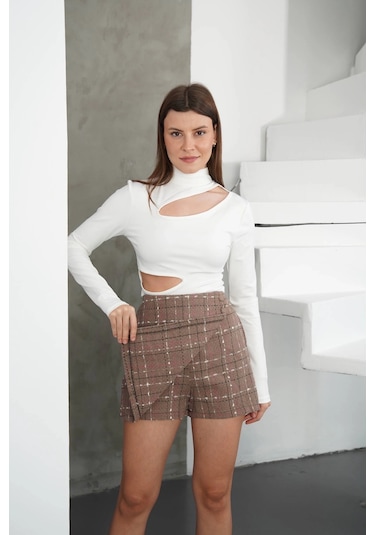 Defymoda İki Düğmeli Şort Etek Vizon H26414 Vizon
