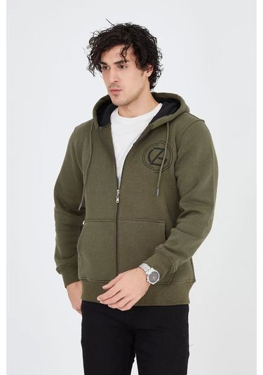 Erkek Kapüşonlu Baskılı Fermuarlı Hırka - Yeşil Yeşil