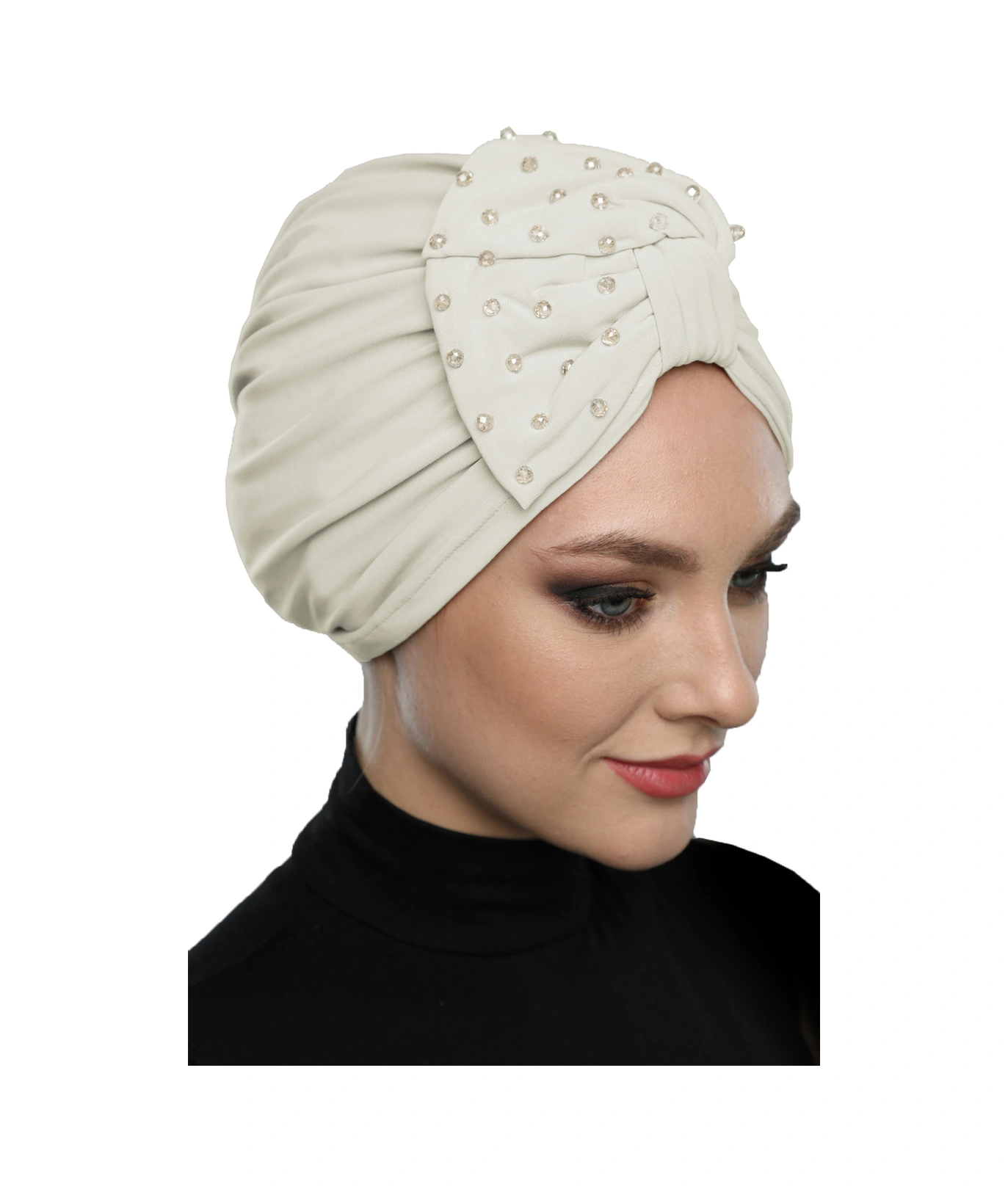 Kristal Yelpaze Taş Işlemeli Çift Taraflı Astarlı Krem Hazır Türban Tesettür Abiye Bone Krem