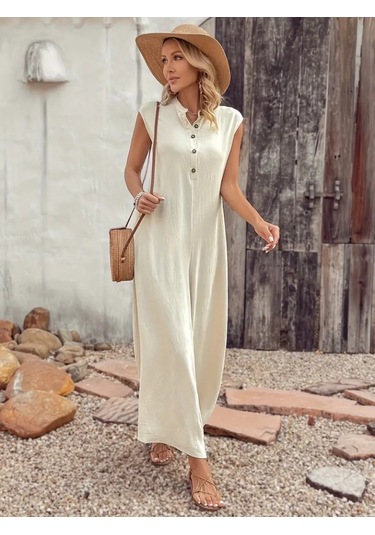 Ahes Shopping Kadın Kısa Kollu Önden Düğmeli Paçaya Doğru Geniş Cepli Uzun Bürümcük Tulum Bej