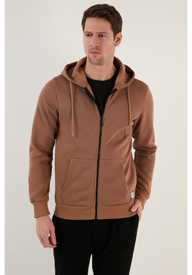 Buratti Regular Fit Kapüşonlu Fermuarlı Içi Tüylü Yumuşak Şardonlu Kışlık Erkek Sweat 5905340 Sütlü Kahve