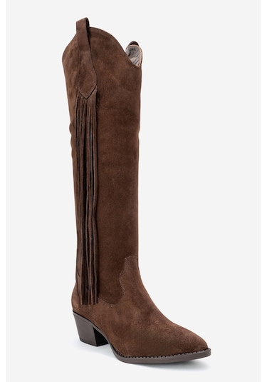 Rios Kahverengi Hakiki Deri Süet Püsküllü Kadın Kalın Topuklu Çizme Kahverengi