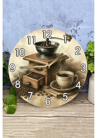 Sessiz Yuvarlak Ahşap Duvar Saati, Kuvars Coffe Desen Sdw2018 Coffe , Cafe Renkli