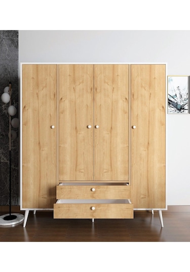 Floradesign Riva Elbise Dolabı 4 Kapaklı Çekmeceli Dolap Gardırop /meşe / Beyaz Meşe -beyaz