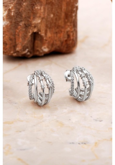 Kafes Tasarım Rodyumlu Gümüş Küpe 7027 Gümüş