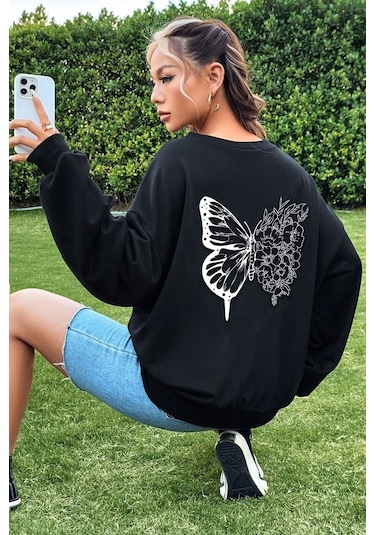 Unisex Drawing Butterflies Baskılı Bisiklet Yaka Sweatshirt Siyah