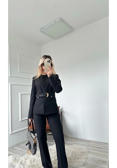 Keymoda Kadın Gold Kemerli Ceket Pantolon Takım Siyah Siyah
