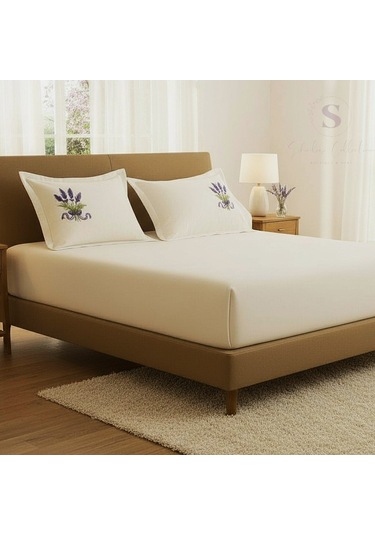Shules Collection Buldan Keteni Lavanta Nakışlı Çift Kişilik Çarşaf+yastık Seti %100 Pamuk Bej