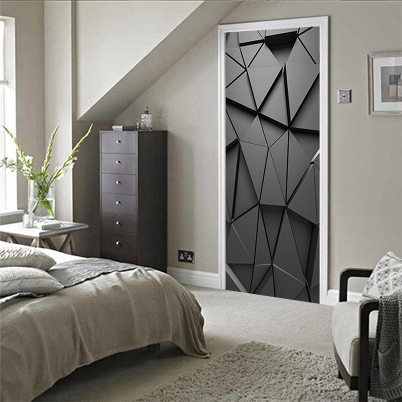 Youmex Geometrik Çokgen Siyah 3d Kapı Sticker, Ev Dekorasyonu Duvar Ve Kapı Dekoru, 44x200cm 2 Adet, Sp-f068 M, Kolay Kullanım, Dayanıklı Malzeme Çok Renkli