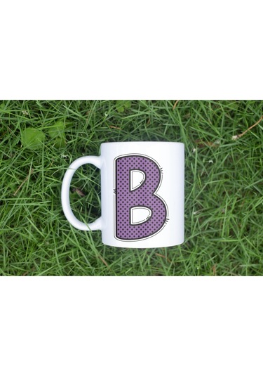 B Harfi Mor Puantiyeli Kupa Bardak - Polka Dot Tasarım Kahve Çay Bardak - Kişiye Özel Hediyelik Beyaz