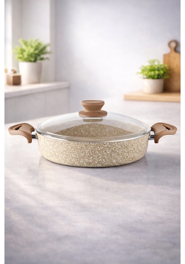 Diez 24 Cm Granit Basık Tencere Cappucıno Yapışmaz Karnıyarık & Pilav Tenceresi Cam Kapaklı
