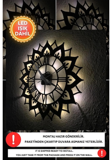 Led Işıklı Çiçek Duvar Saati Sessiz Dekoratif Modern Siyah Duvar Siyah