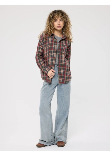 Uzun, Oversize Kareli Gömlek 377355034 Sivri Mor Melanj