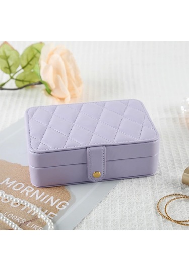 Deri Baklava Desenli Seyahat Takı Bijuteri Mücevher Kutusu Organizer Düzenleyici 16cm Lila İthal Ürü