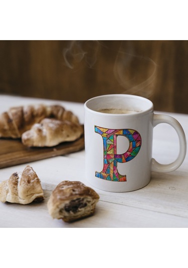 P Harfi Bardak 330 Ml İsme/harfe Özel Hediye, Renkli Harf Tasarım Beyaz