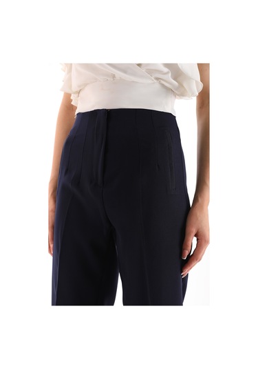 Yüksek Bel Pileli Filota Cep Görünümlü Dabıl Kumaş Pantolon Laciv Lacivert