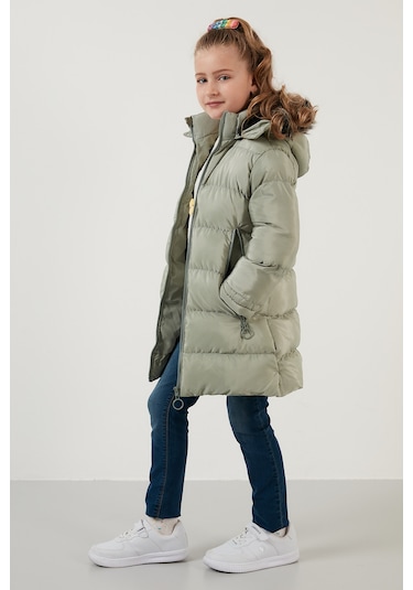 Lela Peluş Astarlı Yakası Suni Kürklü Çıkarılabilir Kapüşonlu Kışlık Kız Çocuk Mont 5766038 Mint