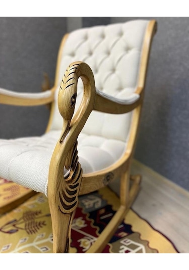 Asedia Vintage Kuğu Naturel Krem El Oyması Ahşap Sallanan Sandalye Dinlenme Koltuğu