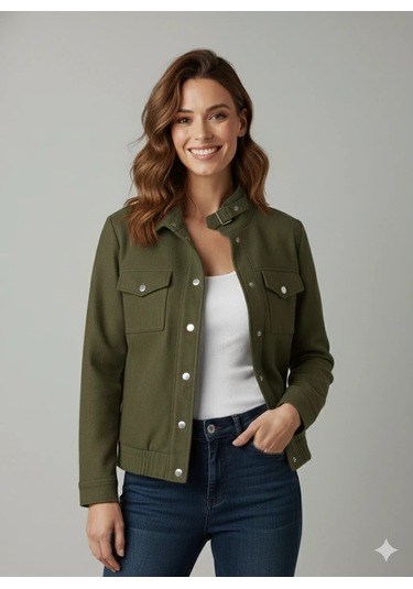 Kadın Taba Zarif Kısa Ceket Toka Detaylı Dik Yaka Cepli Süet/kaşe Baharlık Ceket Haki Yeşili