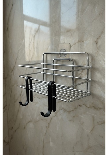 Tekli Krom Yapışkanlı Banyo Rafı + 2 Li Askı Kanca Seti Paslanmaz Metal Duş Şampuanlık Yapıştır/vidala Tş-01 Krom