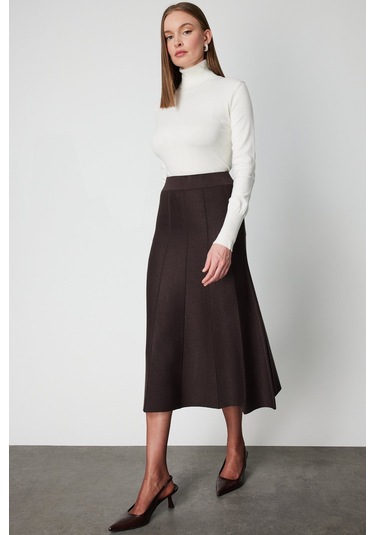 On Kadın Pileli Midi Triko Etek 65210 Kahverengi Kahverengi