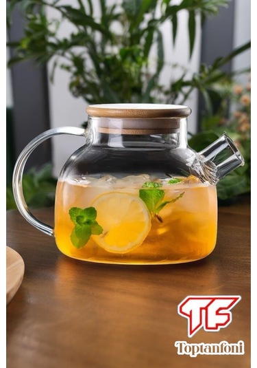 Toptanfoni 1000 Ml Bambu Kapaklı Isıya Dayanıklı Cam Bitki Çayı Demliği Cam Sürahi Şeffaf