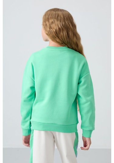 Tommy Life Su Yeşil Pamuklu İçi Tüylü Yumuşak Dokulu Oversize Nakışlı Kız Çocuk Sweatshirt - 75150 Su Yeşili