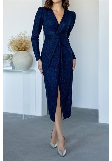 Kadın Büzgü Detaylı Simli Gece Elbisesi Dpnbmy3633 Mavi