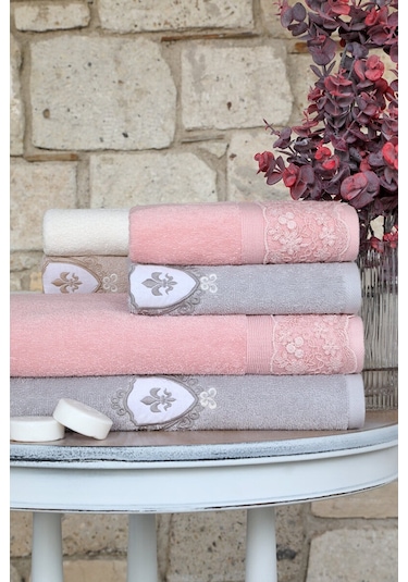 Özdilek Wedding Terlikli Aile Bornoz Seti Takımı Gri/Pudra