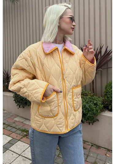 Sarı Pötikareli Cepli Kadın Mont Mg2488 Sarı