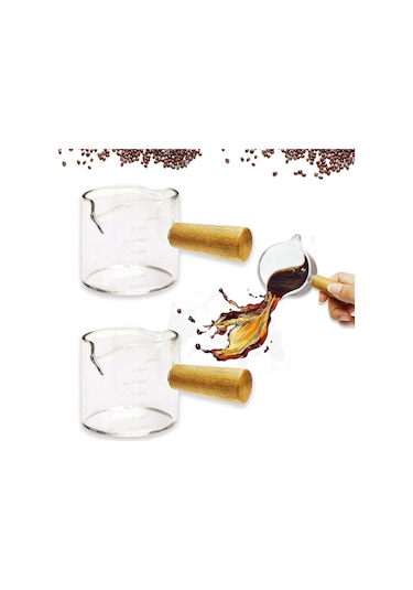 Xiyyadms 75ml Iki Açık Borosilikat Cam Ölçü Bardak, Ahşap Saplı Isı Yalıtımı, Dökmeyen V-şekilli Çıkış, Kahve/milk İçin Şeffaf