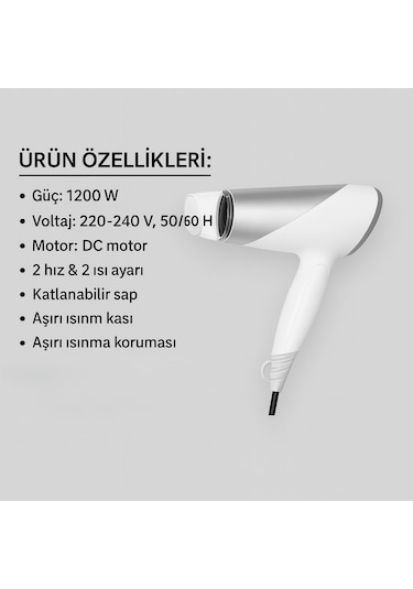Myblack 1200w Güçlü Ve Katlanabilir Uzun Süre Kullanılabilir Seyahat Tipi Saç Kurutma Makinesi
