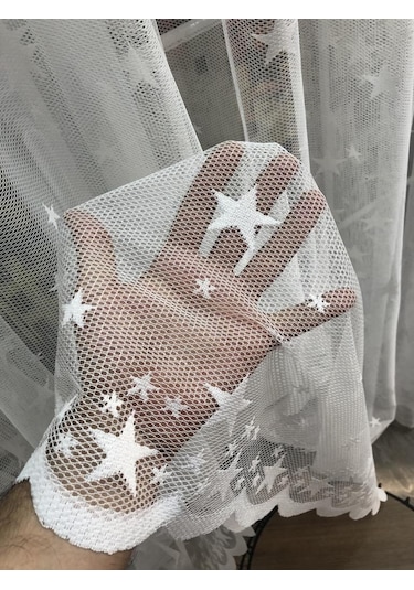 Tül Perde Çocuk Odası Irili Ufaklı Yıldız Desen Örme Kumaş Ekru