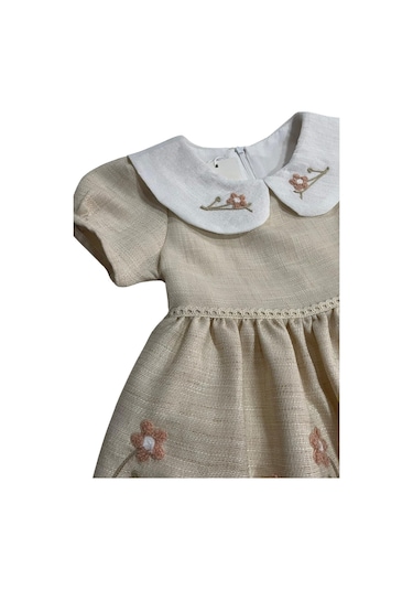 Kız Çocuk Şapkalı Çiçek İşlemeli Keten Elbise 001
