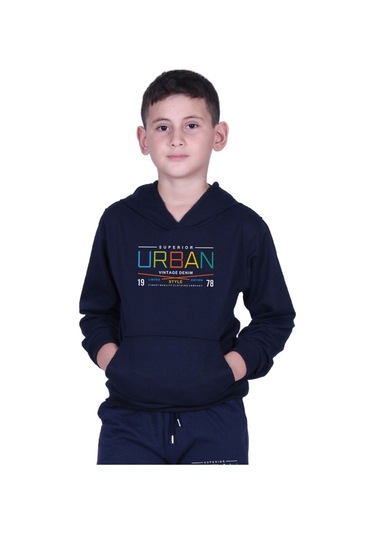 Kapüşonlu Kanguru Cepli Urban Yazı Baskılı Erkek Çocuk Eşofman Takımı Lacivert
