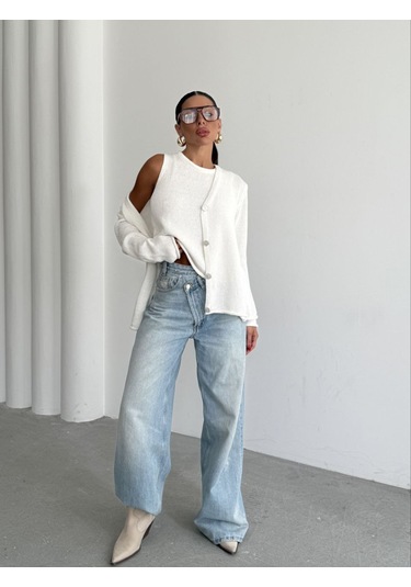 Kadın Giyim İkili Bluz Hırka Triko Takım Optik Beyaz Renk Ekru