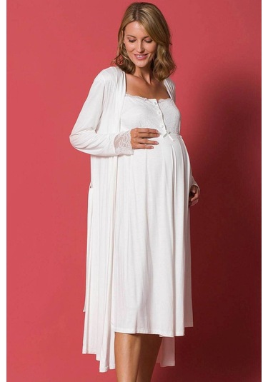 Monamise 18202 Hamile Lohusa Sabahlıklı Gecelik Takım - Ekru