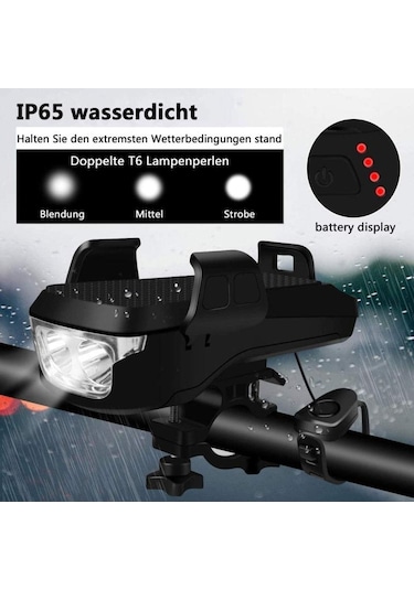 Springsun Su Geçirmez Şarj Edilebilir Bisiklet Işığı: Telefon Tutucu + Güvenlik Korna İle 4 Ü 1 Arada Bisiklet Aksesuarı Siyah