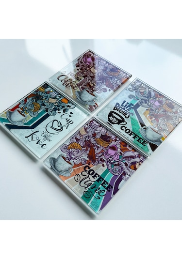 Cam Bardak Altlığı Retro Coffee 4'lü Takım Beyaz