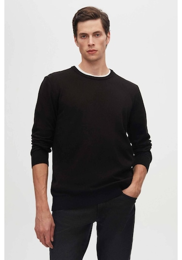 Regular Fit Siyah Tüylenme Yapmayan Bisiklet Yaka Triko Kazak Siyah