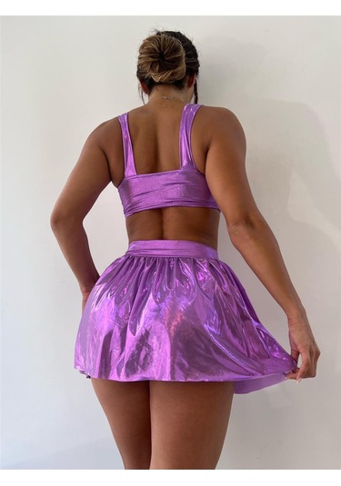 Lila Pileli Mini Etek Toka Detaylı Askılı İkili Takım-lila Lila