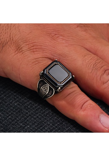 925 Ayar Kare Siyah Oniks Taşlı Tarz Gümüş Erkek Yüzük Gümüş